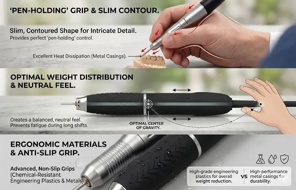 Diagram showing pen-holding grip control, optimal center of gravity, and anti-slip ergonomic materials.