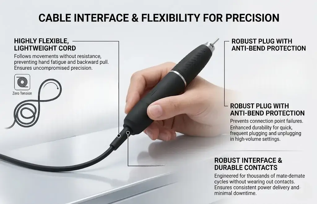 Infographic highlighting a flexible lightweight cord and robust anti-bend plug interface for a dental lab handpiece.