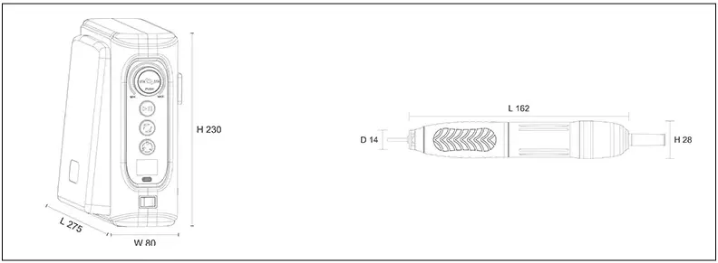 Technical dimension drawing of both the RENHE PRIME SENSE A9 controller and handpiece.