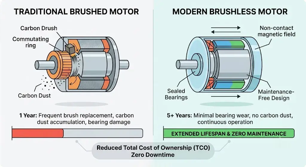 Diagram comparing internal wear, carbon dust, and lifespan between brushed and modern maintenance-free brushless motors.