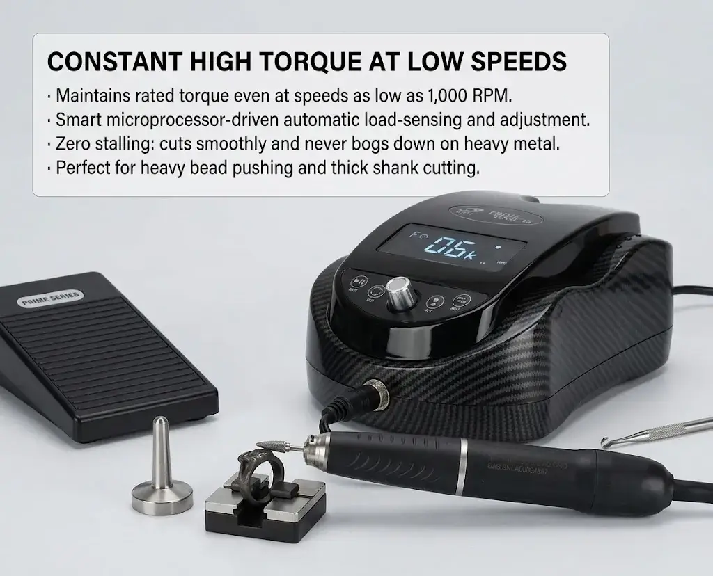 A digital brushless micromotor control unit with a foot pedal and a handpiece holding a rotary metal burr.