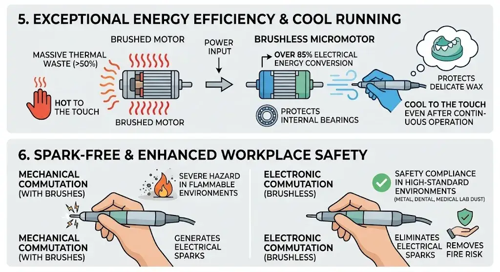 Illustration explaining over 85 percent electrical energy conversion and spark-free electronic commutation safety features.