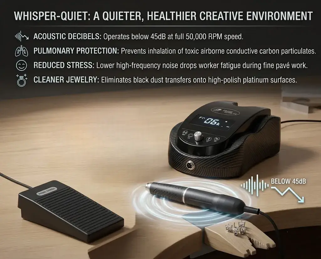 A quiet brushless micromotor system on a wooden jewelry bench running below 45 decibels next to silver settings.