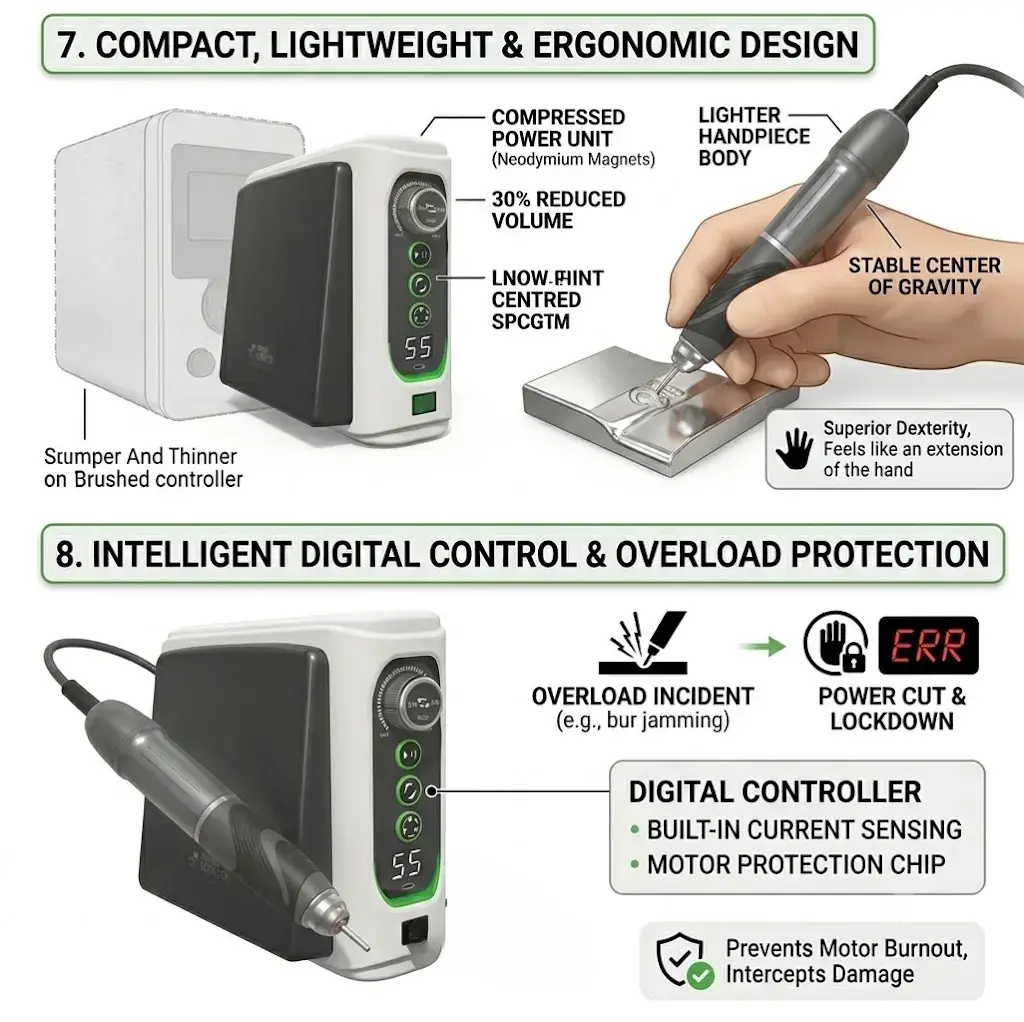 Infographic showing a compact digital controller power unit with built-in current sensing and motor protection chips.