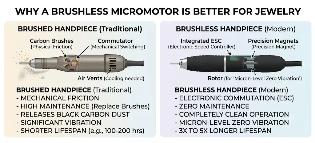 Infographic comparing the features of traditional brushed handpieces and modern brushless jewelry micromotors.