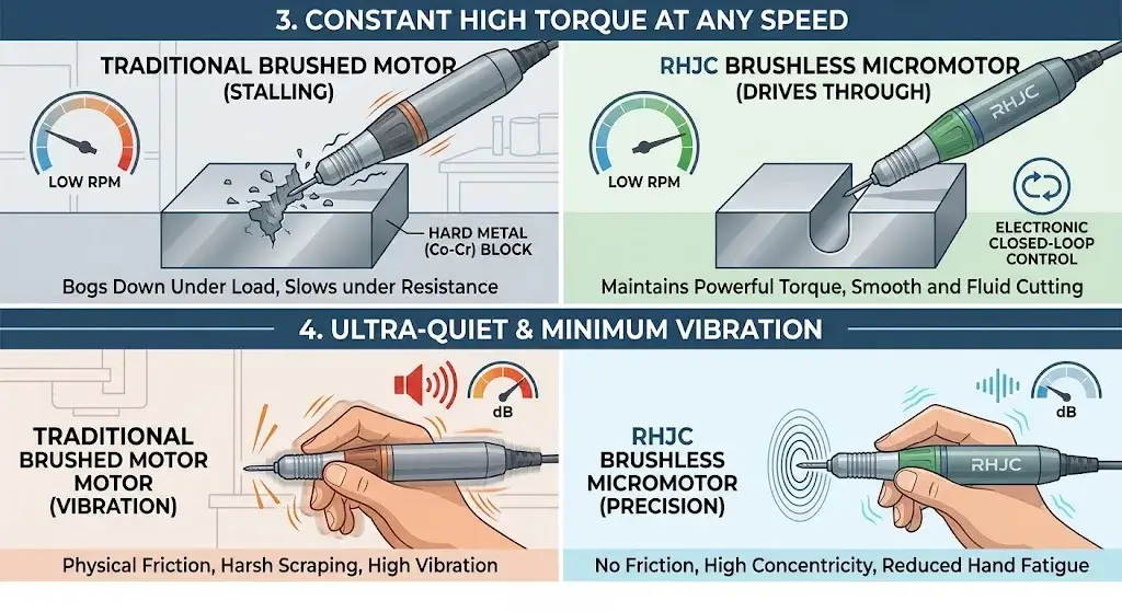 Graphic showing an RHJC micromotor maintaining high torque without stalling, next to a low-vibration handpiece comparison.