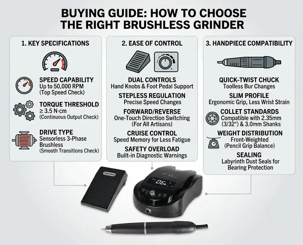 A buying guide checklist detailing key specifications, control features, and handpiece compatibility for grinders.