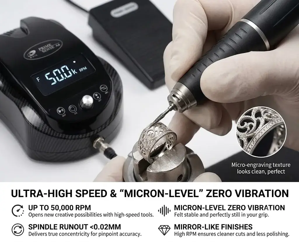 A gloved hand carefully engraves an intricate pattern onto a silver ring using a high-speed micromotor handpiece.