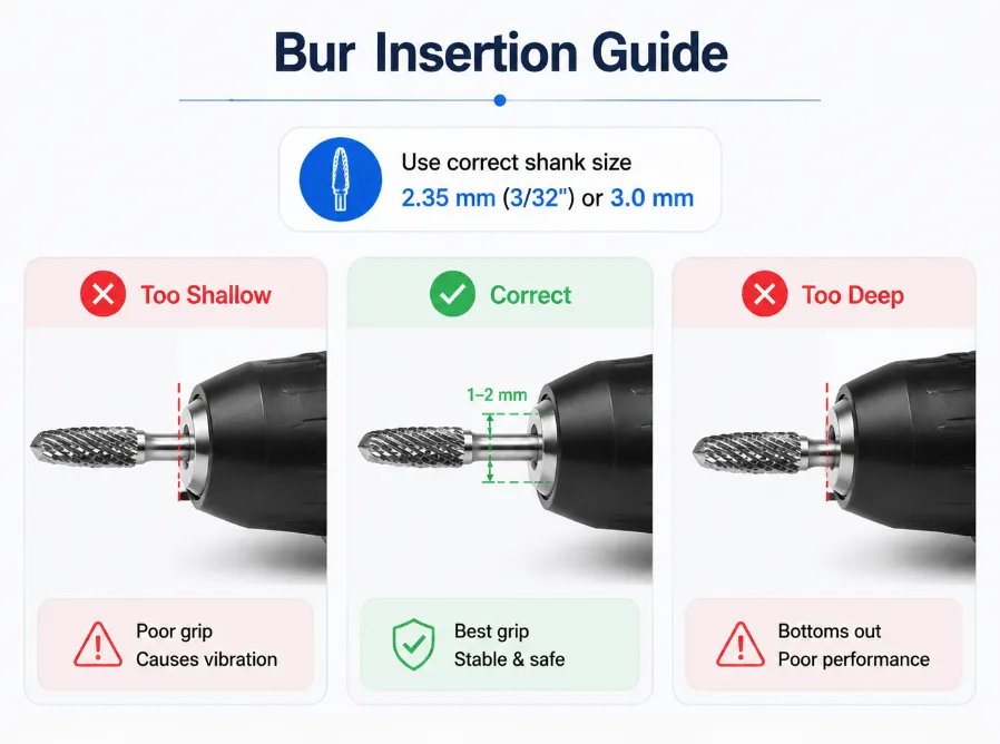 Diagram explaining correct rotary bur insertion depth versus shallow or deep errors for a stable 1-2 mm gap.