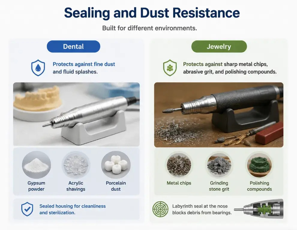Infographic displaying dust resistance, labyrinth seals, and protection for micromotors.