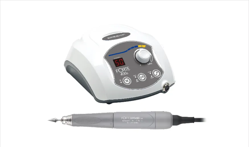 Saeshin Forte 400a brushless micromotor control box with digital display and a grey handpiece on a white background.
