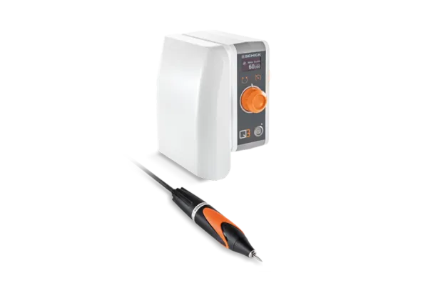 Schick Q3 Premium micromotor showing an upright control unit with an orange dial and a black and orange handpiece.
