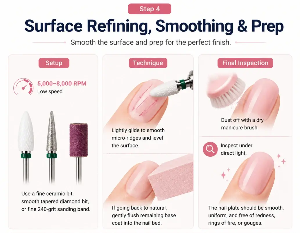 Infographic covering step 4 surface refining, smoothing, and final inspection for nail prep