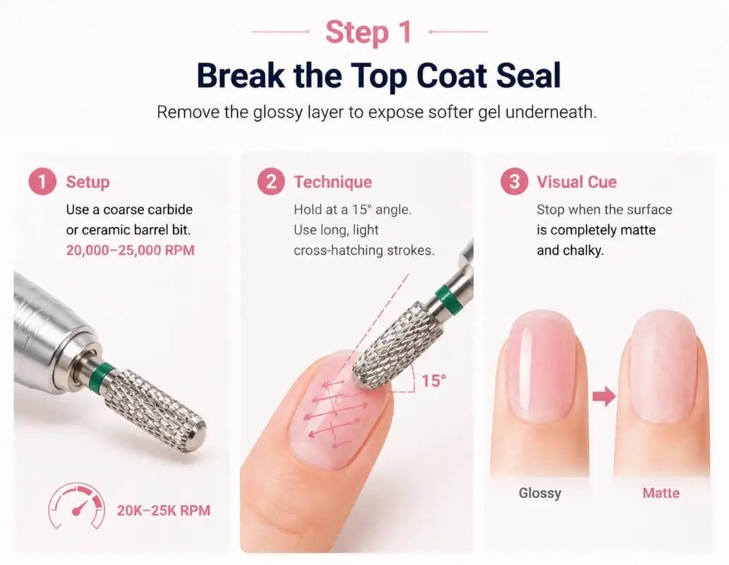 Infographic illustrating step 1 of breaking top coat seal using a coarse nail drill bit