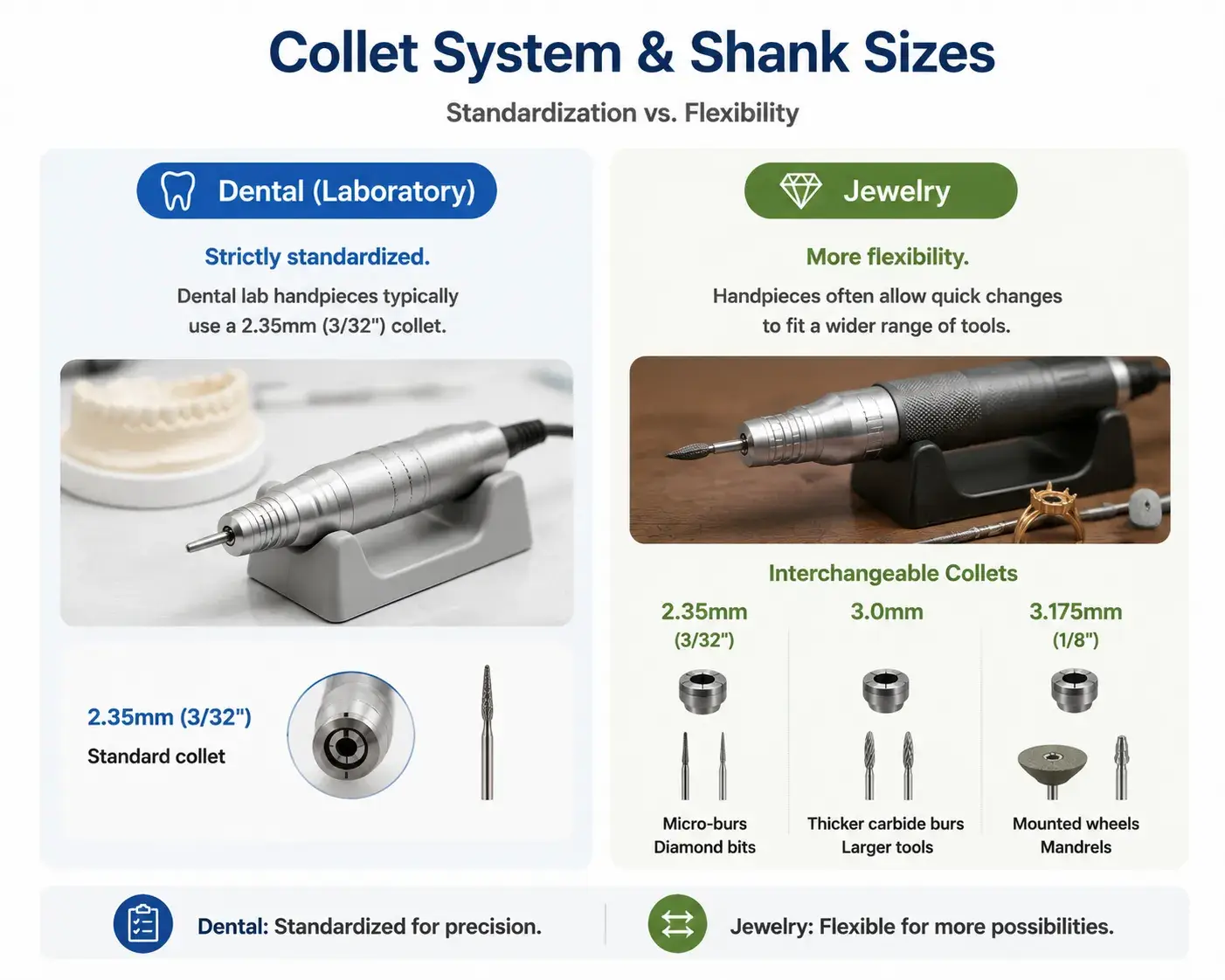 Collet system chart comparing standardized dental collets with flexible jewelry sizes.