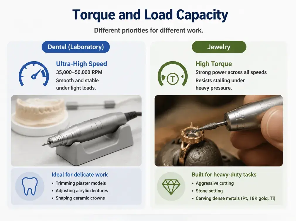 Comparison chart showing speed, torque, and load capacities for dental and jewelry handpieces.