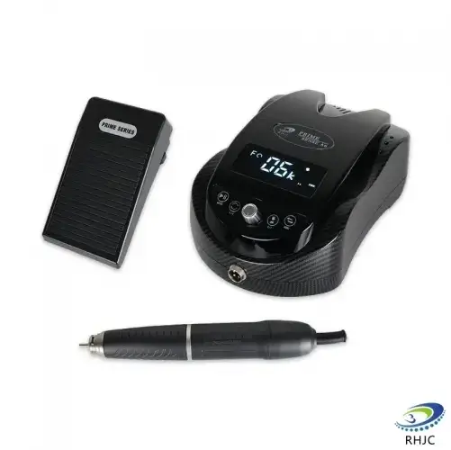 PRIME SENSE A6 digital brushless micromotor unit with carbon fiber finish, handpiece, and foot pedal.