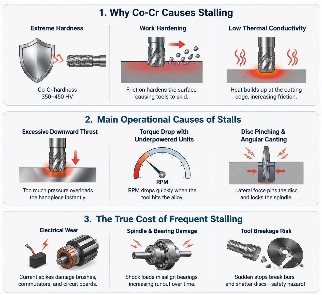 Infographic detailing why Co-Cr causes handpiece stalling, operational error causes, and costs of frequent stalls.