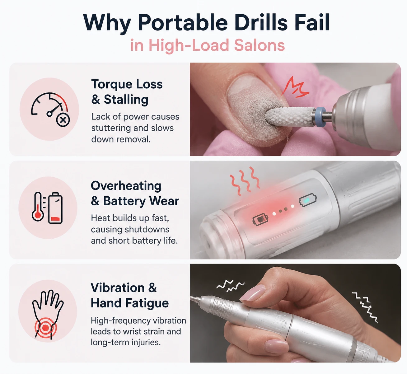 Infographic highlighting why portable drills fail in high-load salons due to torque loss, overheating, and vibration.