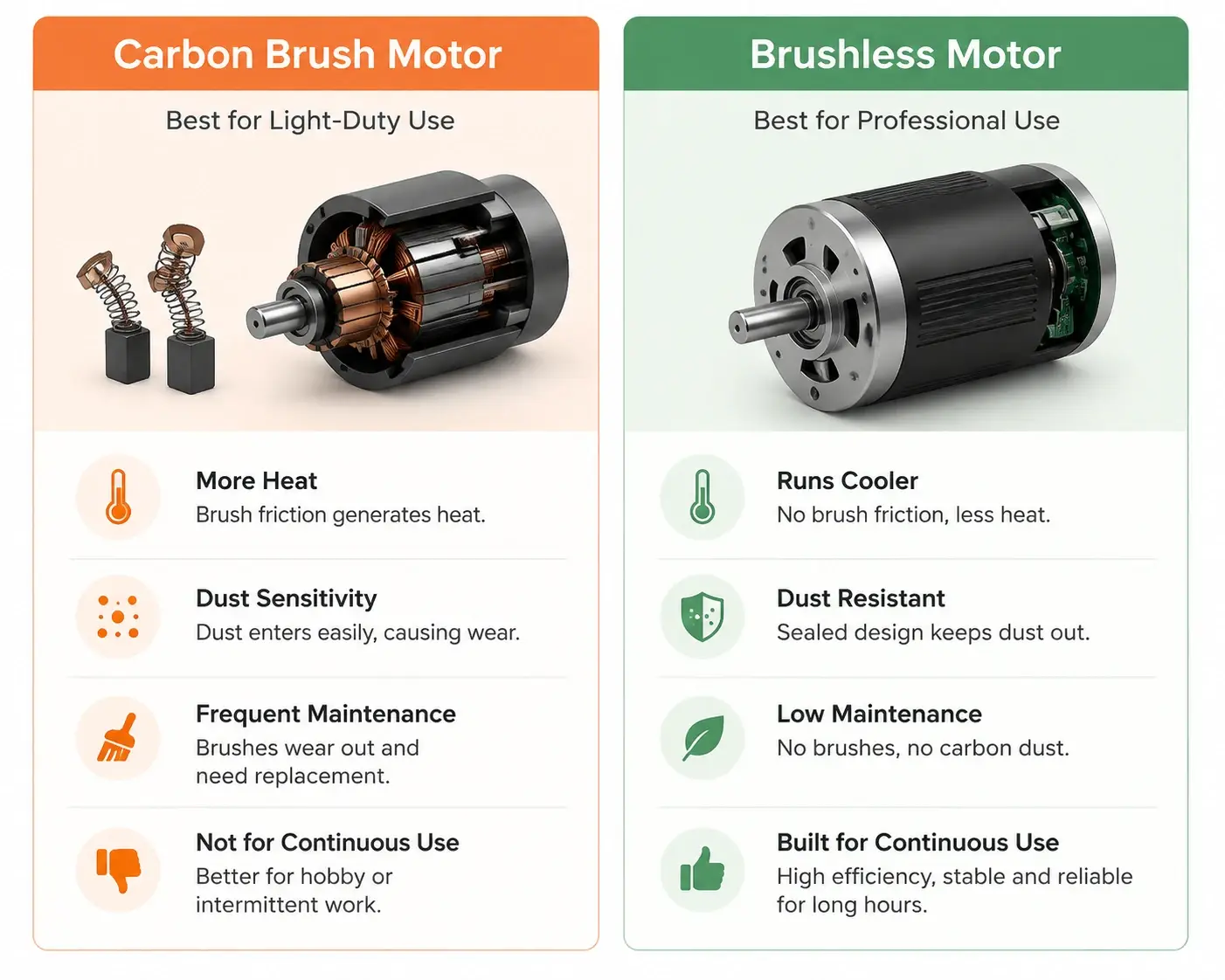 Diagram comparing carbon brush motors and brushless motors for jewelry rotary handpieces.