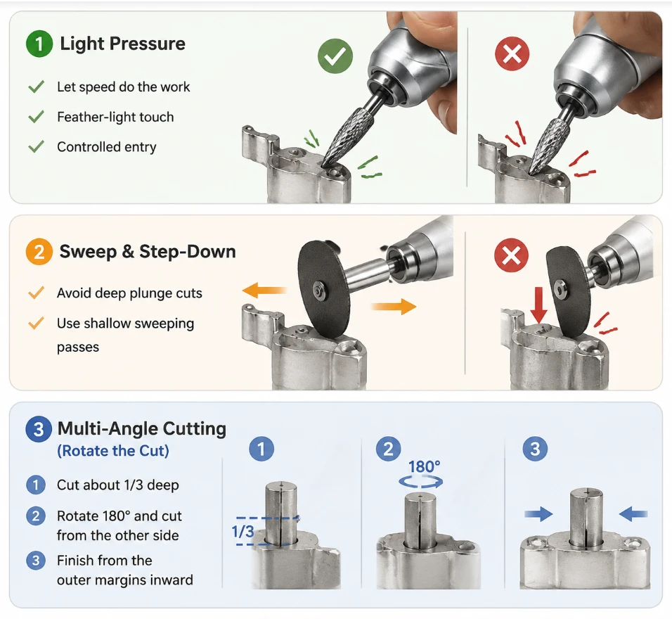Correct Co-Cr cutting techniques showing light pressure, sweeping step-down cuts, and multi-angle 180-degree rotation.