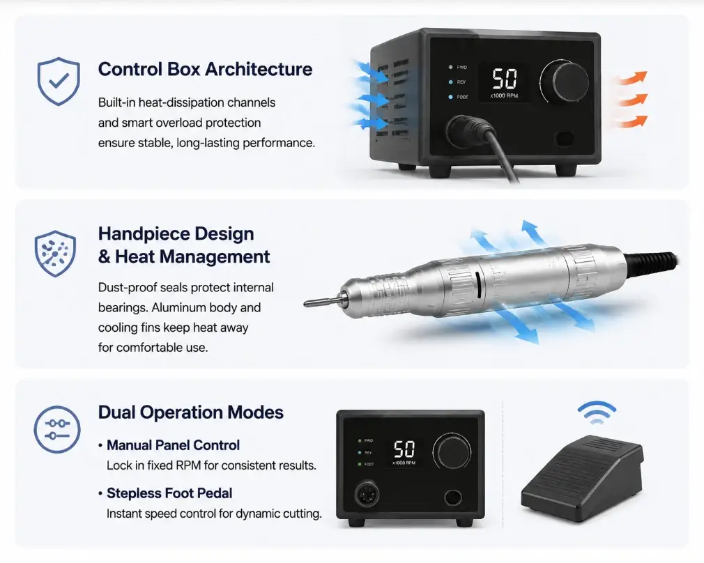 Infographic showing micromotor control box heat dissipation, dust-proof handpiece cooling, and foot pedal modes.
