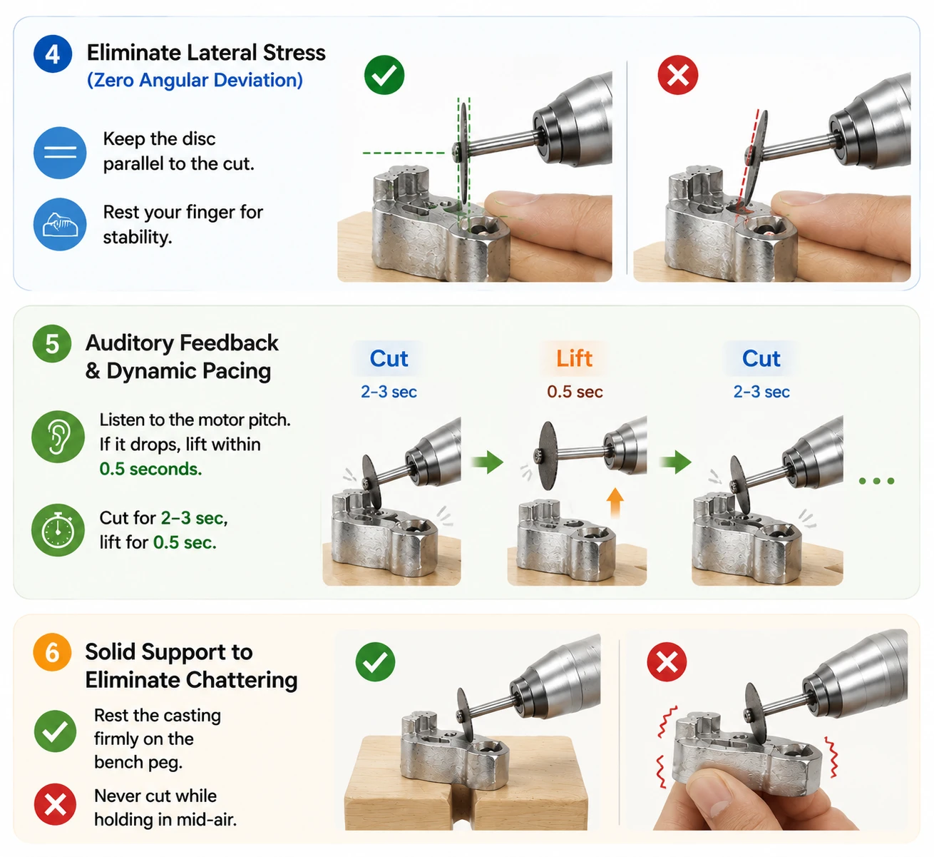 Best practices for cutting Co-Cr including parallel disc alignment, auditory feedback pacing, and solid peg support.