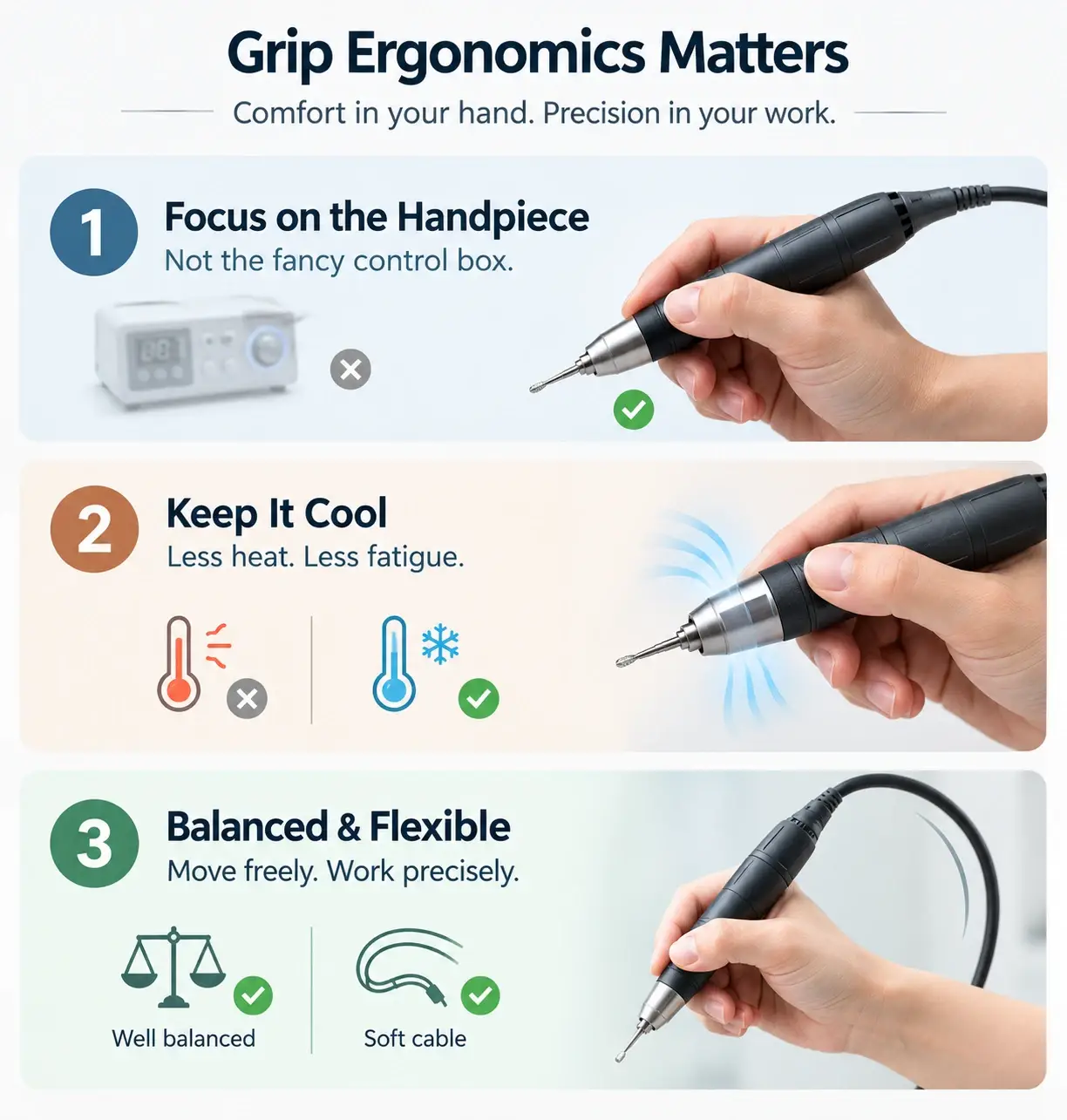 Ergonomic jewelry handpiece guide showing proper grip balance, internal cooling, and flexible cord design.