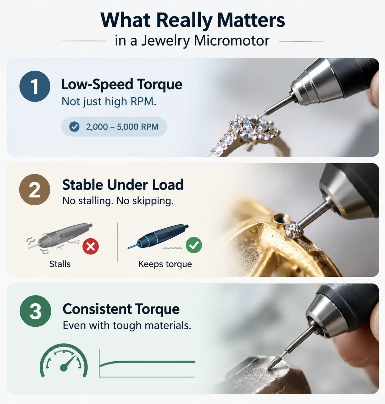 Guide highlighting the importance of low-speed torque and stability under load for jewelry micromotors.