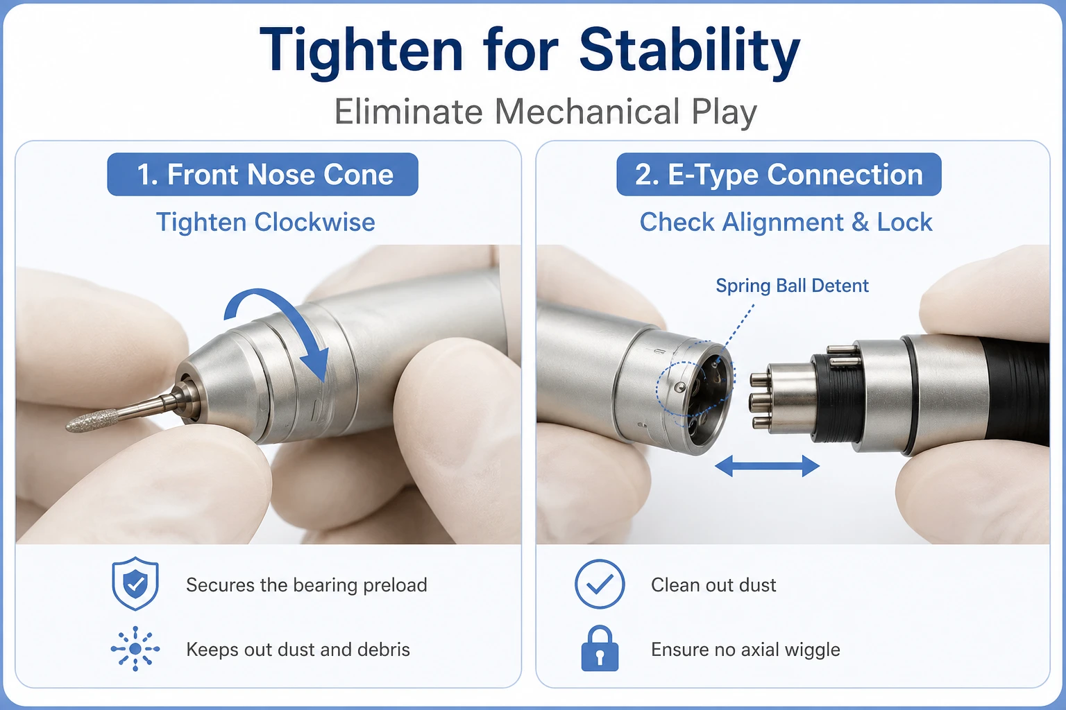 Diagram demonstrating how to tighten the front nose cone and align the ISO E-type motor connection securely.