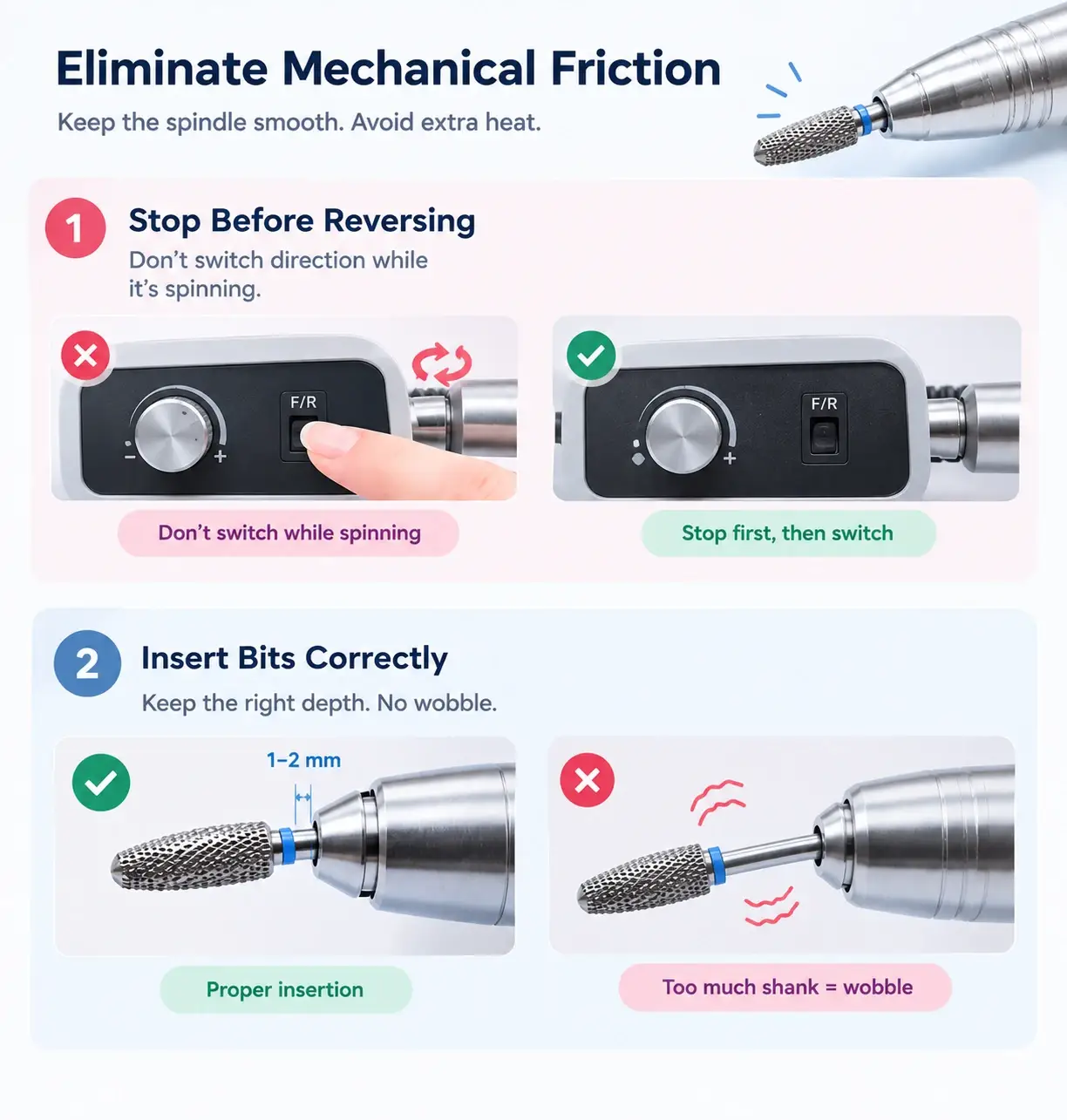 Guide on stopping the motor before reversing direction and inserting drill bits properly.