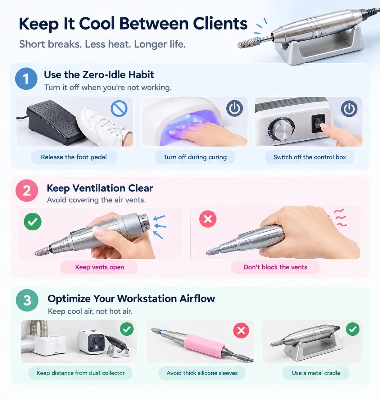 Tips on keeping nail drill handpieces cool via zero-idle habits and unblocked vents.