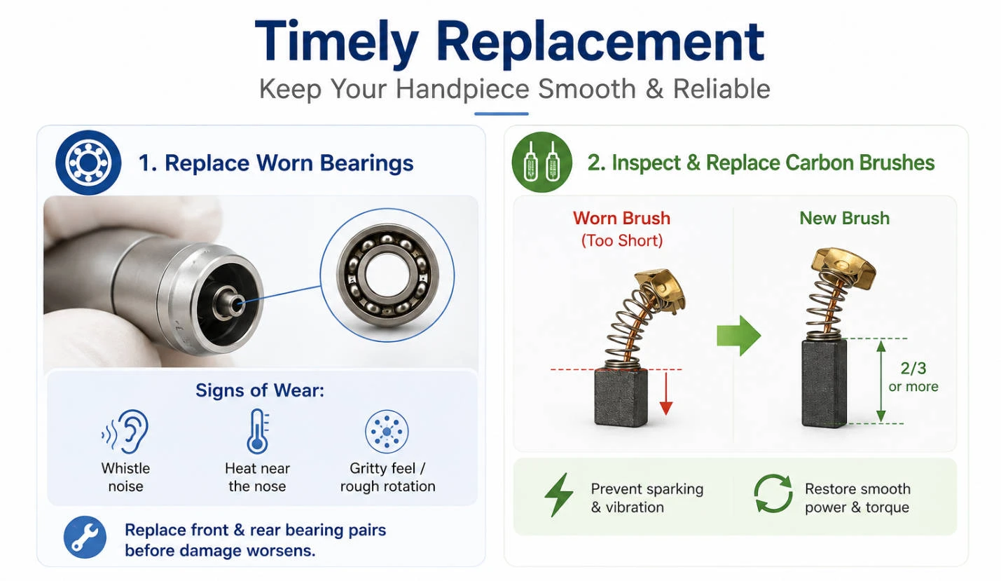 Maintenance guide identifying worn handpiece ball bearings and carbon brush replacement criteria.