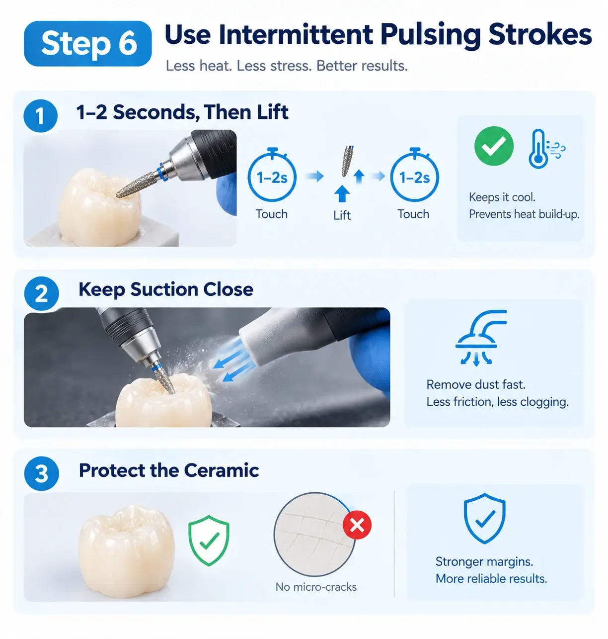 Demonstration of intermittent pulsing strokes and dust suction to prevent heat buildup on zirconia