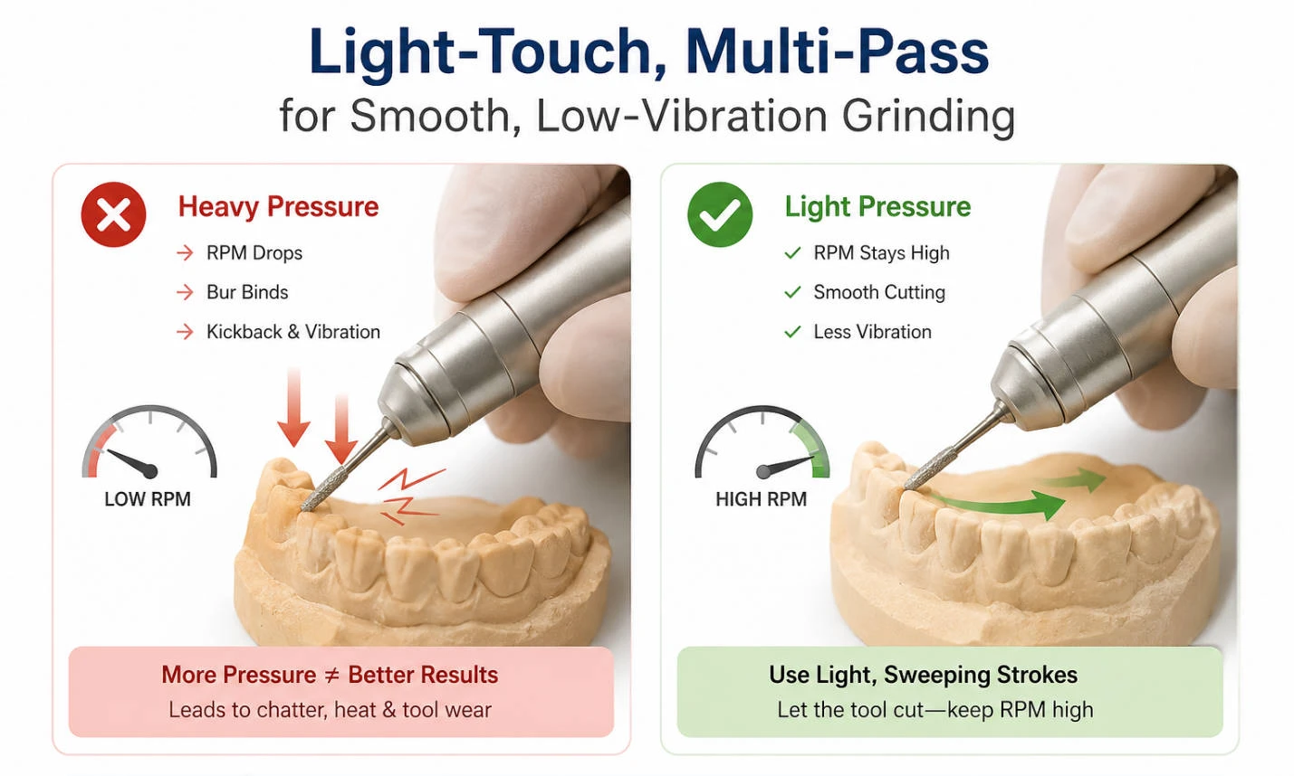 Comparison showing light multi-pass grinding on a dental cast versus heavy pressure that causes bur chatter.