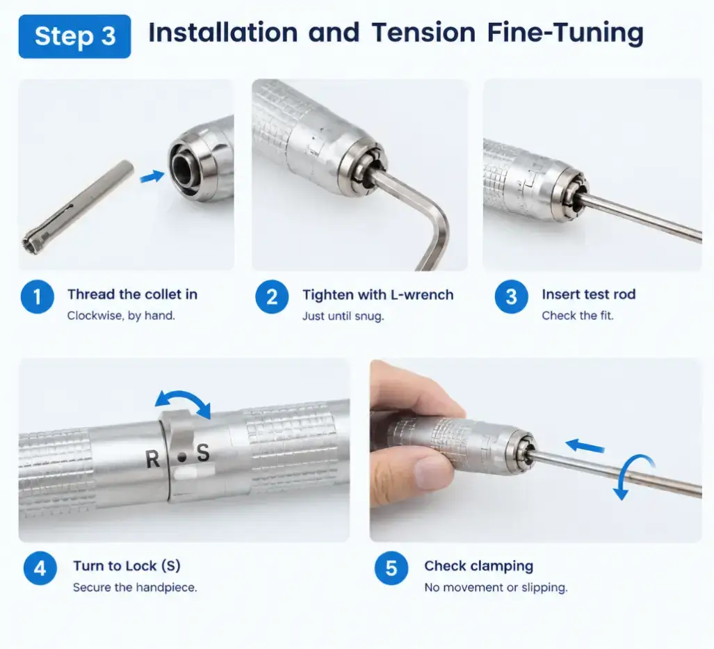 Instructions for collet chuck installation, L-wrench tightening, and tension fine-tuning.