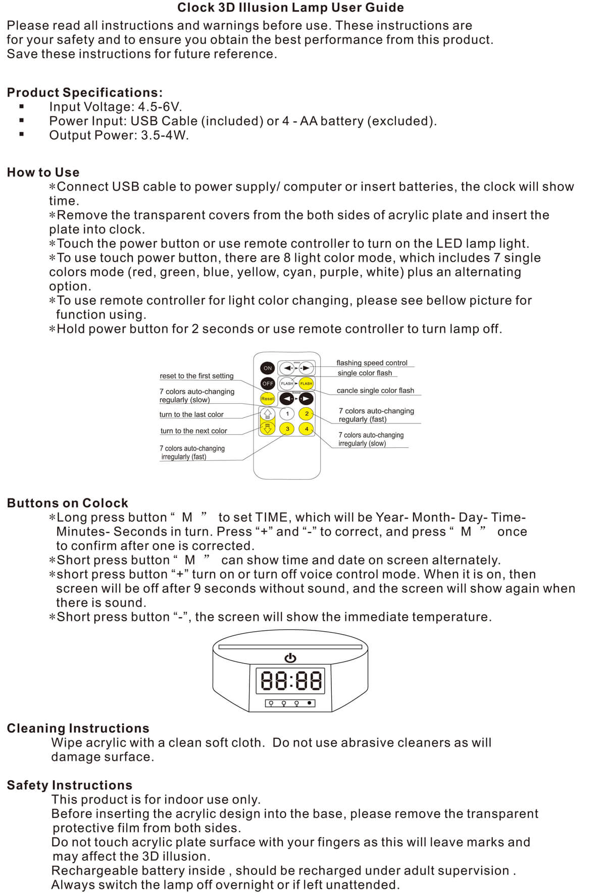 User Manual for 3D clock optical lamp led lamp base