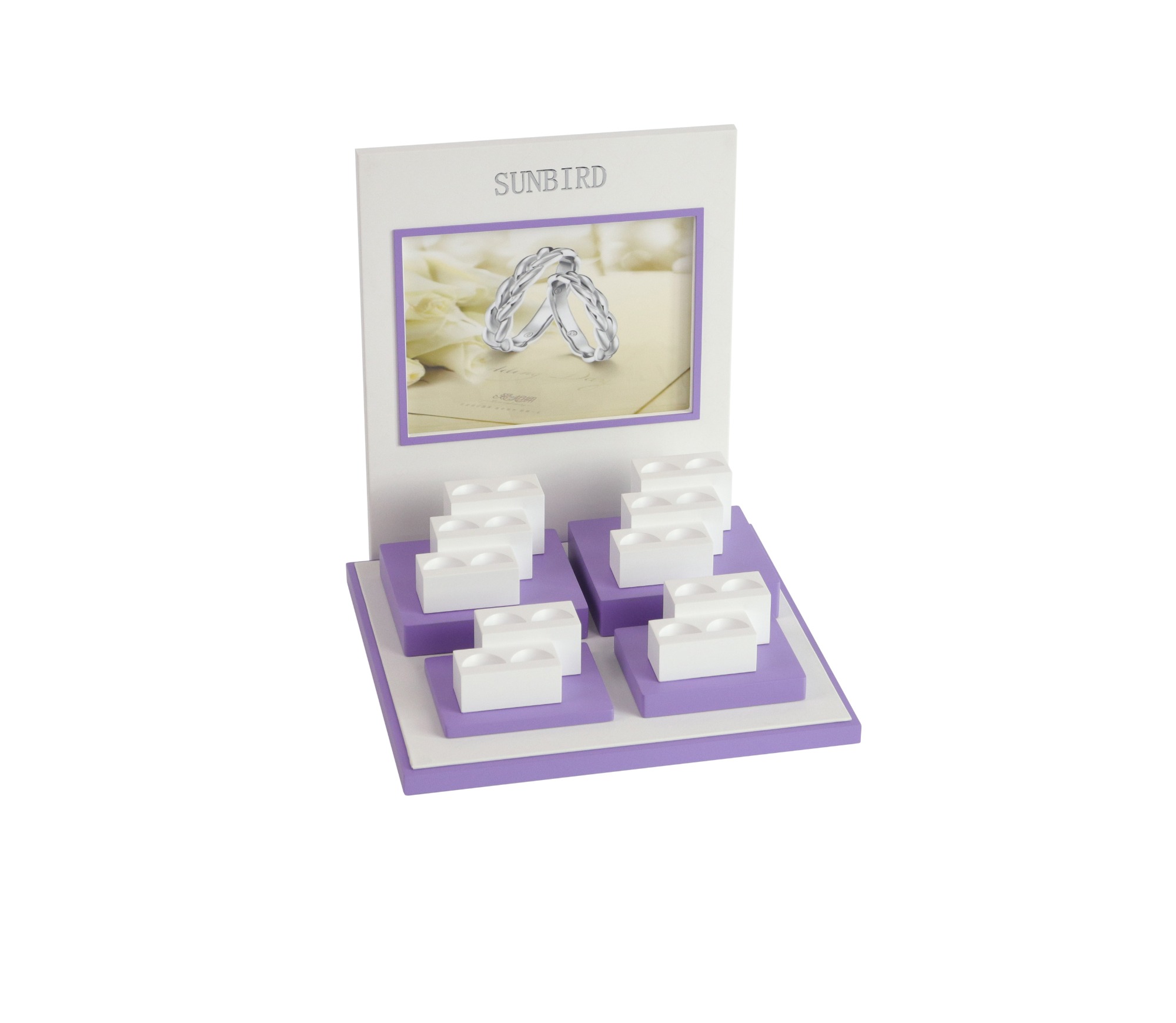 PC19010 Custom White And Purple Wedding Rings Display Stand