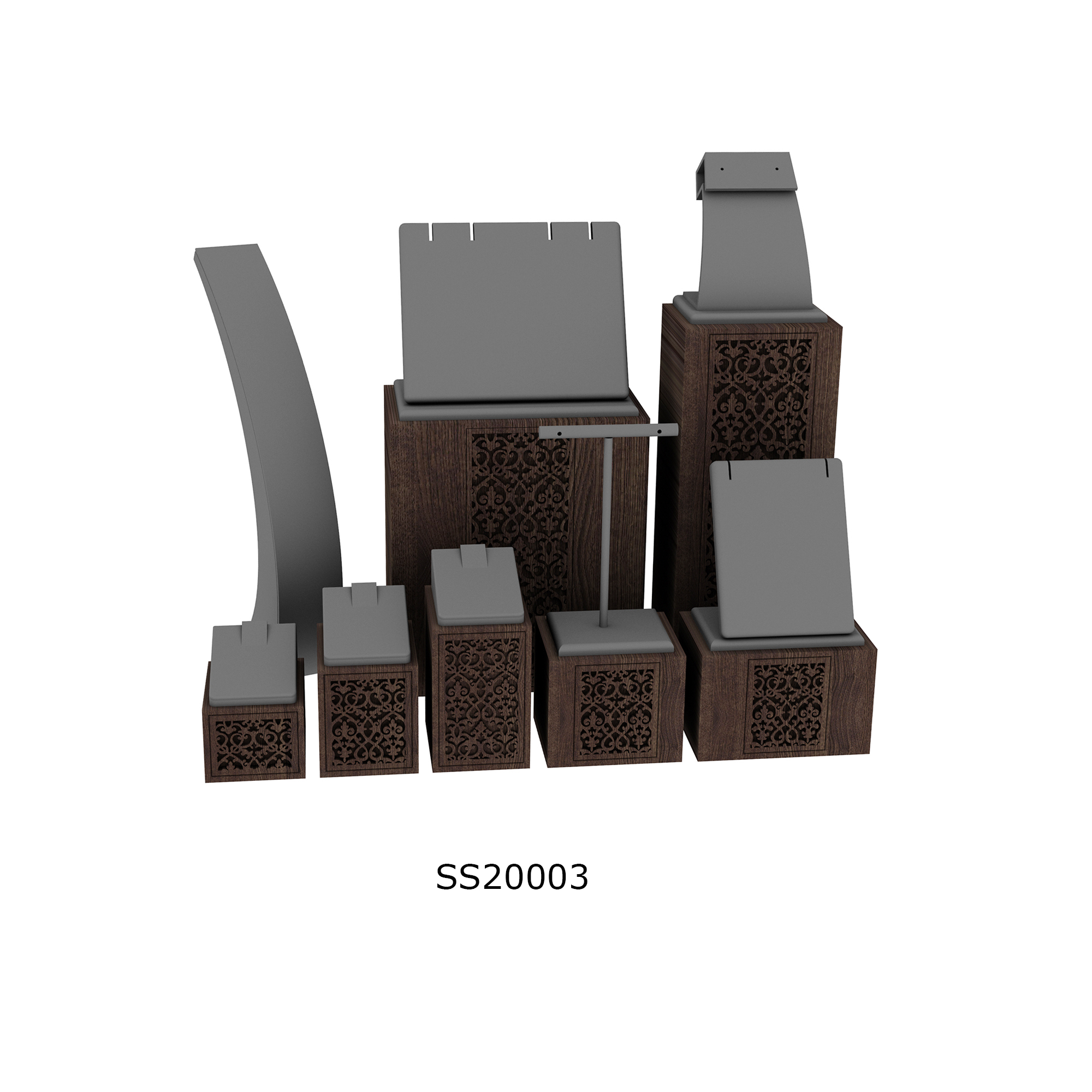SS20003 Custom Carving Wood Grey Microfiber Jewelry Display Stand Set
