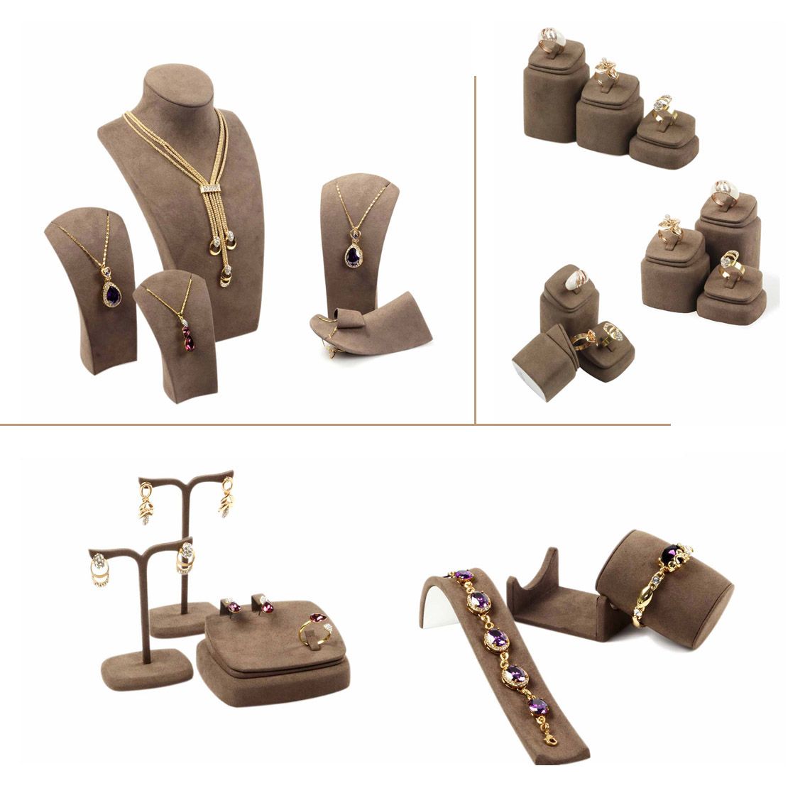 PC17007C Dark Brown Microfiber Engrave Texture Jewelry Display Set For Ring, Necklace, Earring, Bangle