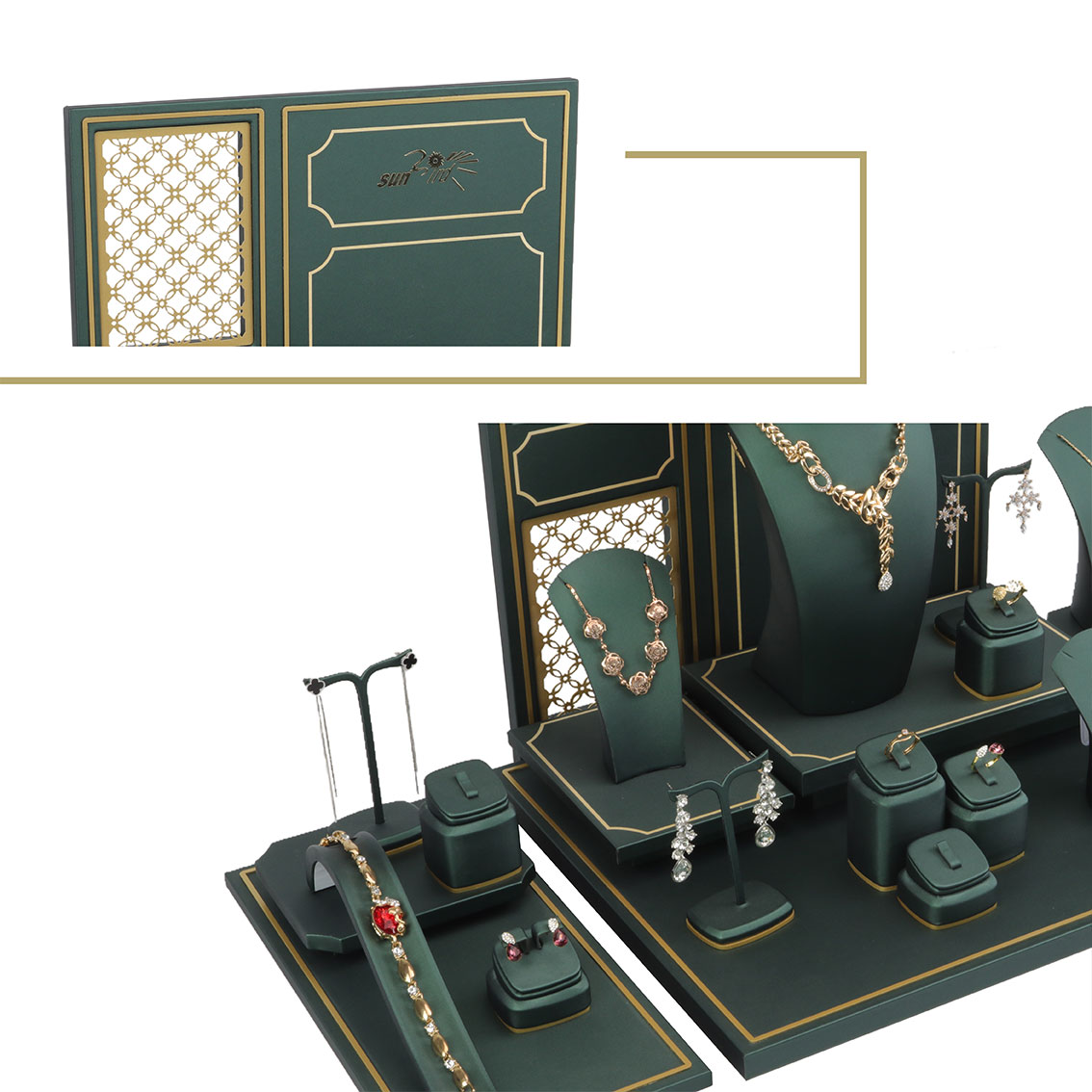 PC20003 Custom Exquisite And High-quality Jewelry Display Set With Green PU And Champagne Gold Trim