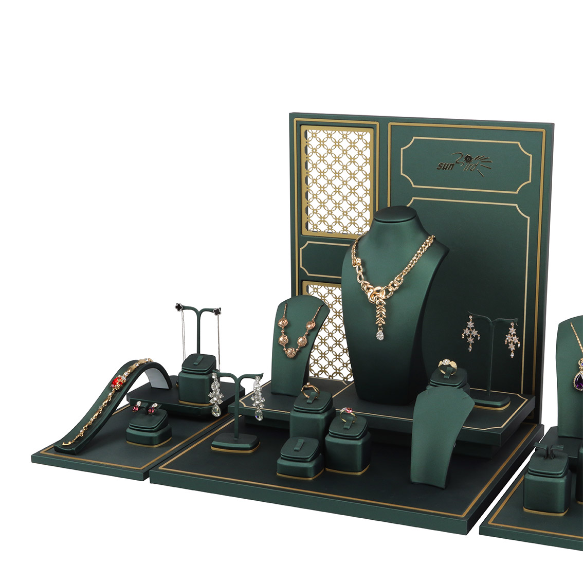 PC20003 Custom Exquisite And High-quality Jewelry Display Set With Green PU And Champagne Gold Trim