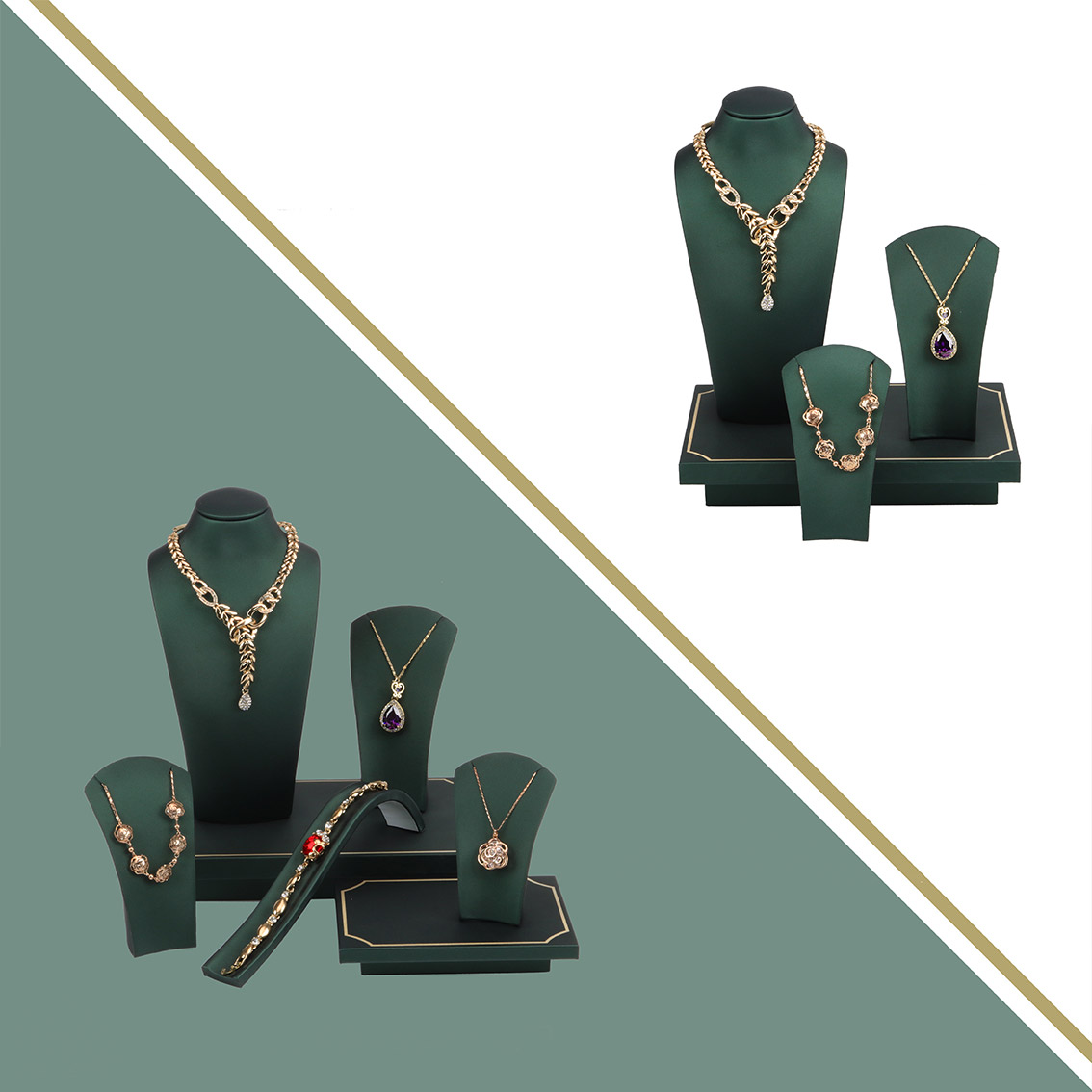 PC20003 Custom Exquisite And High-quality Jewelry Display Set With Green PU And Champagne Gold Trim