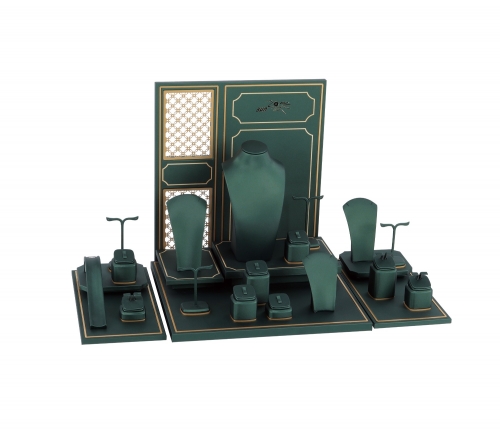 PC20003 Custom Exquisite And High-quality Jewelry Display Set With Green PU And Champagne Gold Trim