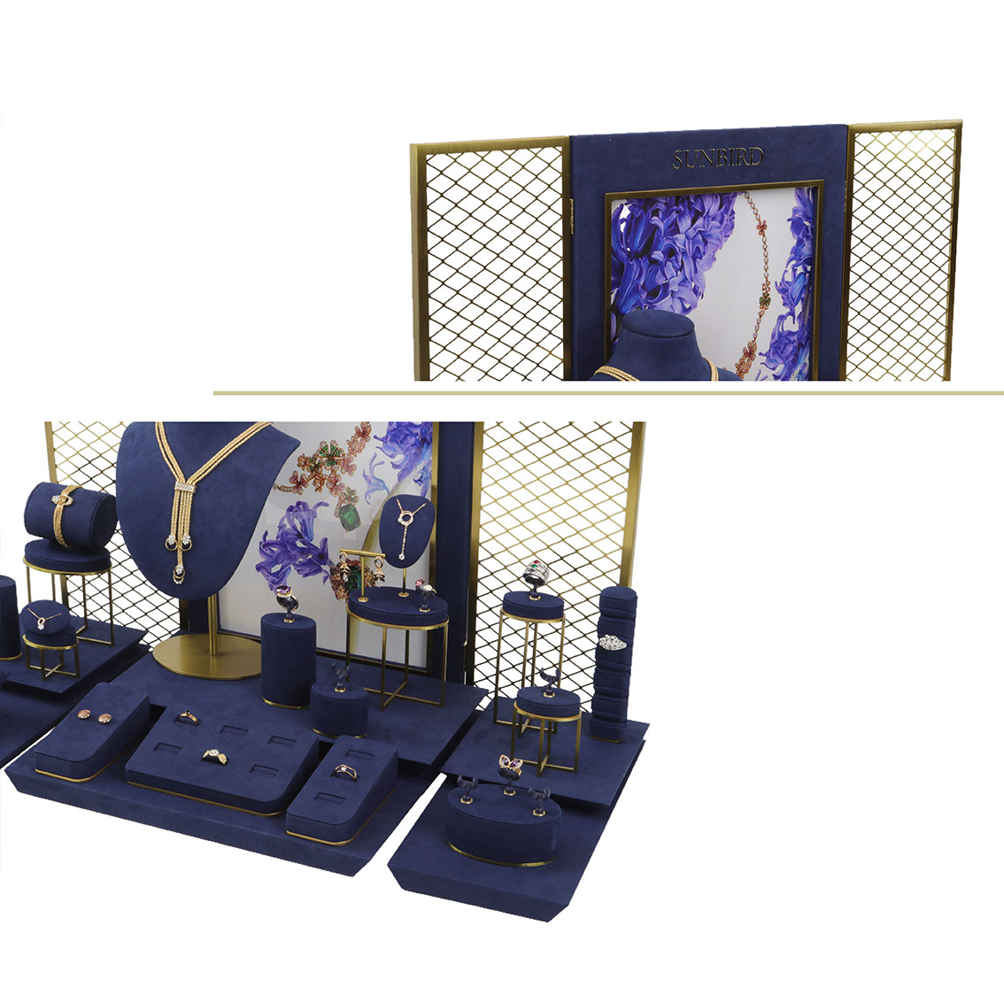 PC20006 Customized Blue Microfiber With High Gloss Gold Brushed Metal Jewelry Display Stand