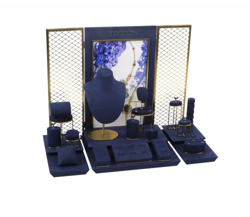 PC20006 Customized Blue Microfiber With High Gloss Gold Brushed Metal Jewelry Display Stand