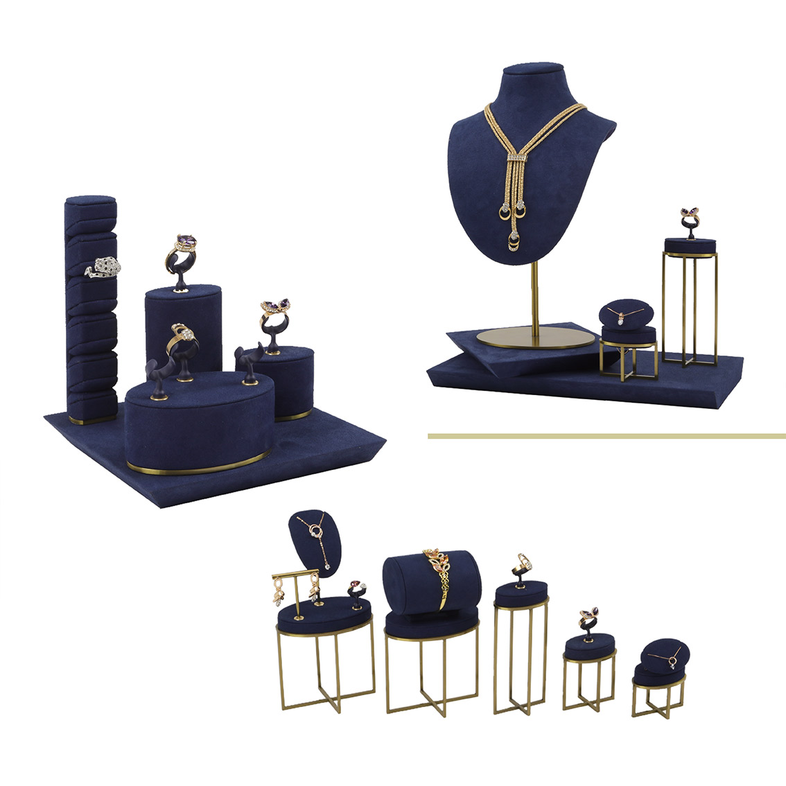 PC20006 Customized Blue Microfiber With High Gloss Gold Brushed Metal Jewelry Display Stand