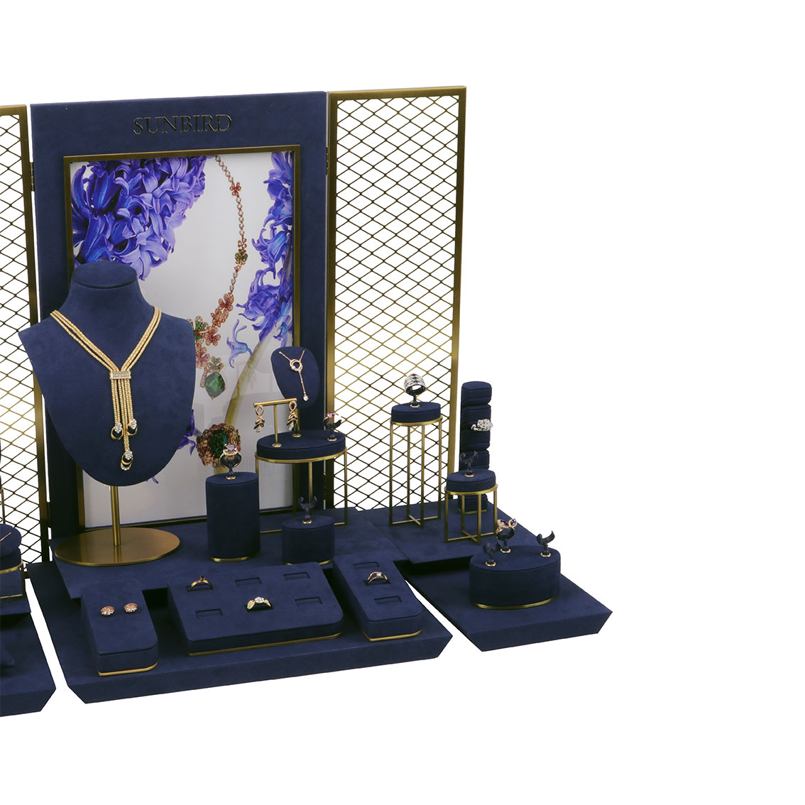 PC20006 Customized Blue Microfiber With High Gloss Gold Brushed Metal Jewelry Display Stand
