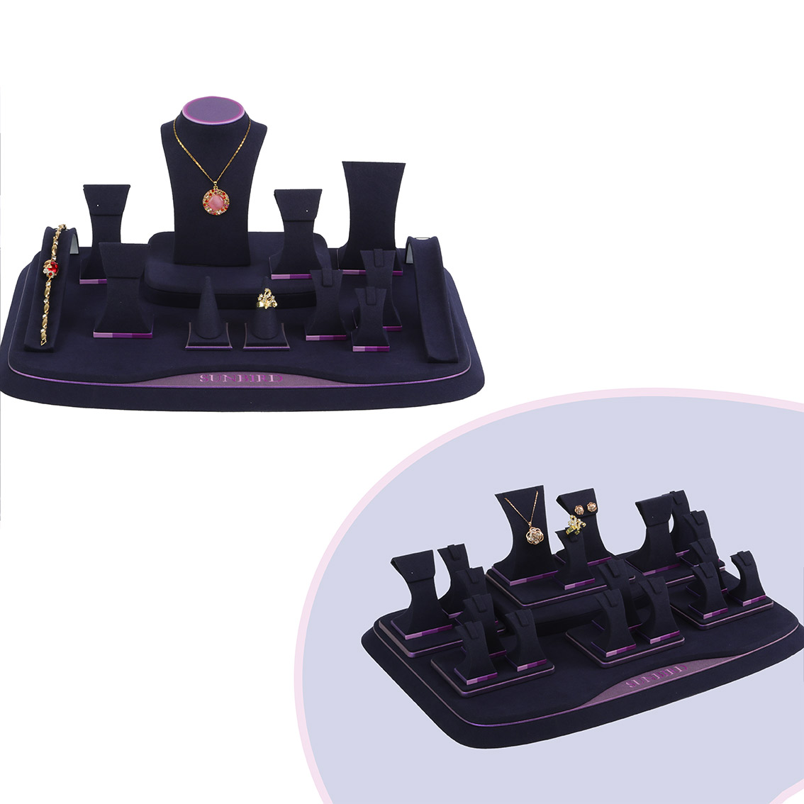 PG20007 Fashion Style Wooden Jewelry Display Rack In Purple Micro Fiber And PU Leather With Customized Logo