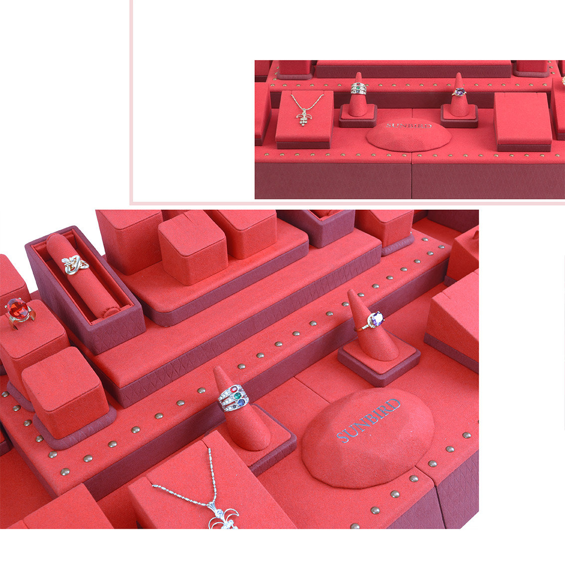 PG20006 Elegent Red Suede Microfiber Metal Rivet Jewellery Display Kits For Jewellery Retail Shop